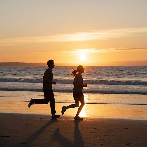 Silhouetted photograph of a man and woman jogging on a beach at sunset, with golden-orange sky and calm ocean waves.