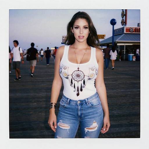Photograph of a curvy woman with long brown hair, wearing a white tank top with a dreamcatcher design, and ripped blue jeans, standing
