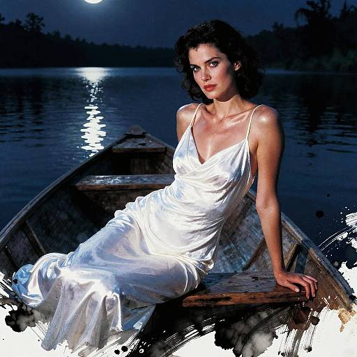 Photograph of a dark-haired woman in a white, low-cut, flowing dress, sitting in a wooden boat on a moonlit lake.