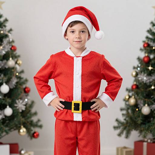 Photograph of a young boy with fair skin, brown hair, wearing a red Santa outfit with white trim, black belt, and Santa hat, standing