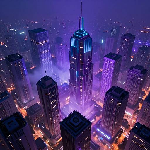Aerial photograph of a neon-lit, futuristic cityscape at night, showcasing towering skyscrapers with vibrant blue, purple, and orange lights.