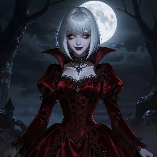 Vampire Girl in Blood-Red Velvet Gown Under Full Moon