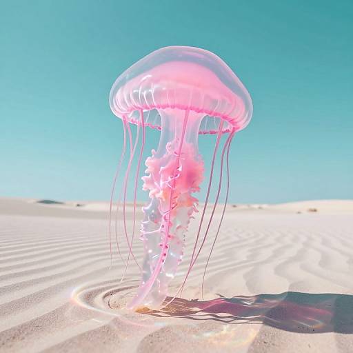 Photograph of a glowing pink jellyfish with translucent tentacles floating over sunlit, rippled sand under a clear, bright blue sky.