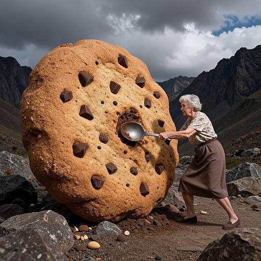 Elderly Woman Mining Giant Cookie Rock