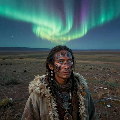 Photograph of a Native American man with painted face, wearing fur-trimmed jacket, standing under vibrant green and purple auroras in a barren,