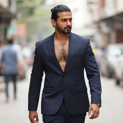 Photograph of a handsome, dark-haired man with a beard, wearing an unbuttoned navy suit, revealing his chest hair, walking confidently in a