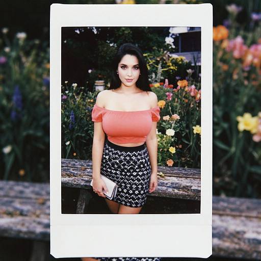 Photograph of a curvy woman with long black hair, wearing an off-shoulder orange top and black floral skirt, holding a white phone,