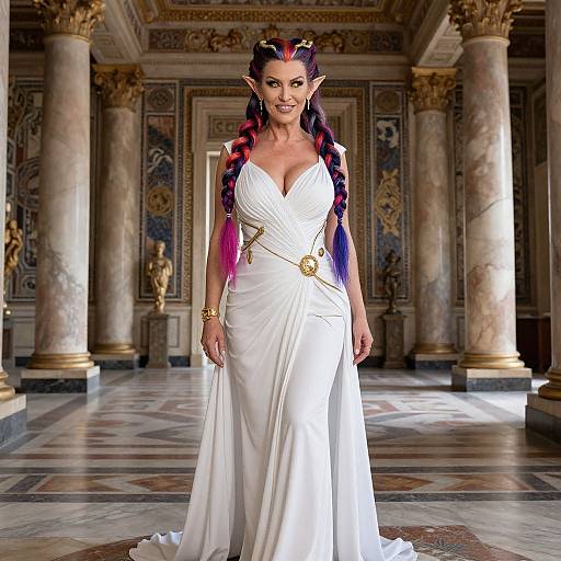 Elegant elf woman with long, multicolored braids in a white, V-neck gown stands in an opulent, marble-columned hall.