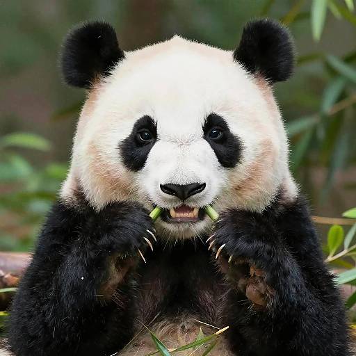 Photograph of a panda bear with black-and-white fur, holding green bamboo shoots with its paws, against a blurred forest background.