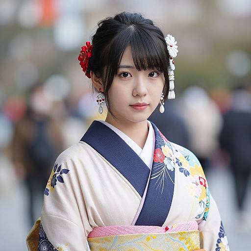 Photograph of a young Japanese woman with black hair in an intricate updo, wearing a white and blue floral kimono, red and white hairpins