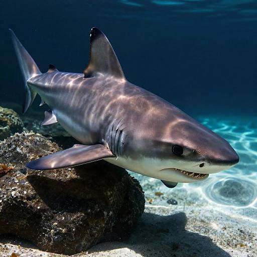 Photograph of a large, sleek grey shark with sharp teeth, swimming near a rocky coral reef in a clear, blue underwater environment.
