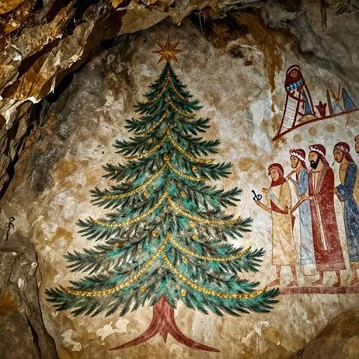 Ancient fresco depicting a decorated Christmas tree with a star, and four robed figures standing to the right, inside a cave-like setting.