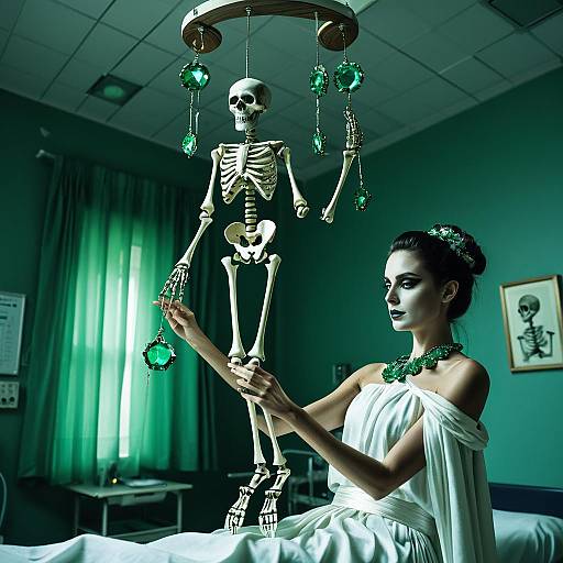 Woman in White Toga with Emerald-Encrusted Skeleton Marionette