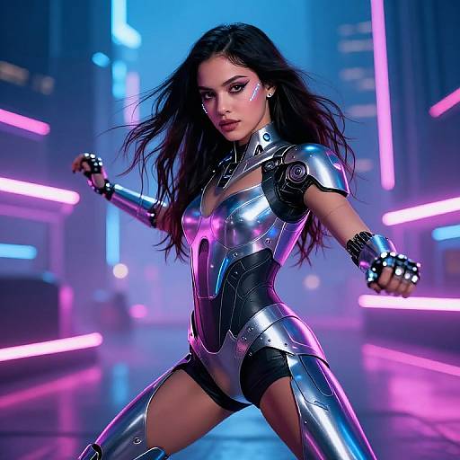 CGI image of a fierce woman with long black hair, wearing a shiny silver cyberpunk bodysuit, fighting pose, neon-lit futuristic background