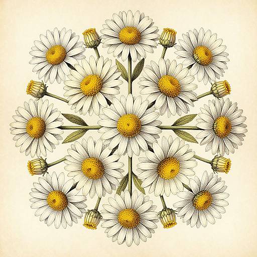 Detailed digital drawing of 16 white daisies with yellow centers, arranged symmetrically on a white background, showcasing their delicate petals and green stems.