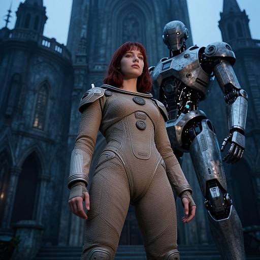 Photorealistic CGI of a red-haired woman in a textured, light brown bodysuit, standing beside a metallic robot, in front of a go