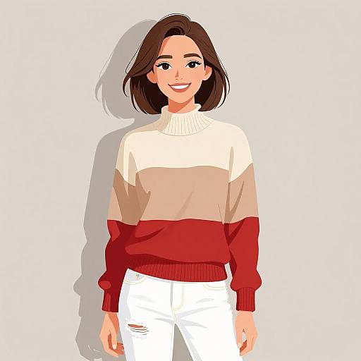 Smiling Woman in Color-Block Sweater