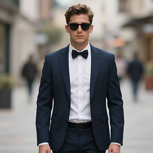 Photograph of a handsome, serious-looking man in a black tuxedo, white shirt, black bow tie, and sunglasses, standing confidently on a