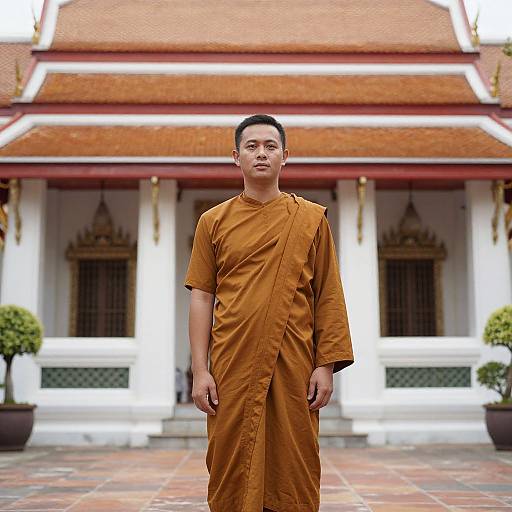 Photograph of an Asian male Buddhist monk in orange robes standing in front of a traditional Thai temple with white columns and red roof.
