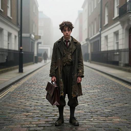 Photograph of a young boy with curly brown hair, dressed in a dark, vintage-style overcoat, holding a brown leather satchel, standing