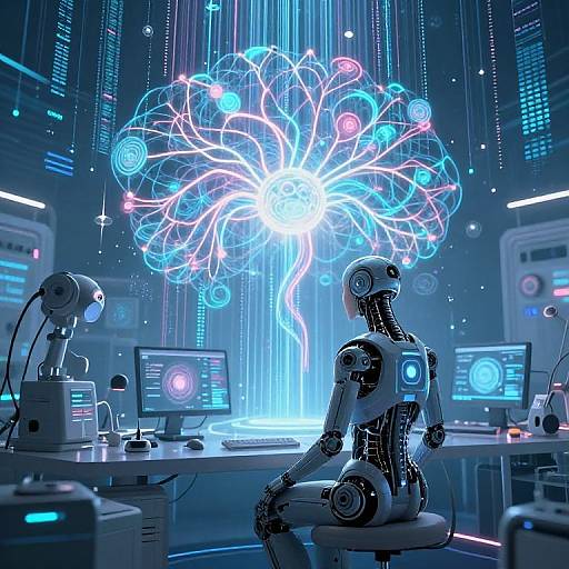 Digital art of a robotic figure seated before computer screens, gazing at a glowing, neon-blue, wireframe tree in a futuristic lab.