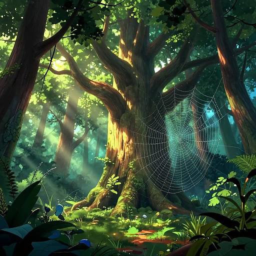 Digital illustration of a sunlit forest with a large tree, intricate spider web, and vibrant green foliage, illuminated by sunlight beams.