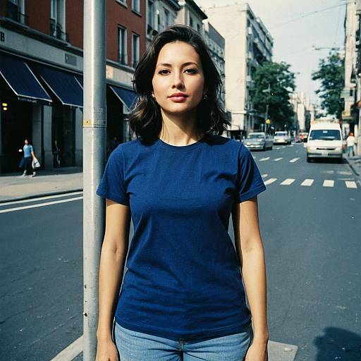 Woman in Navy T-Shirt on Street