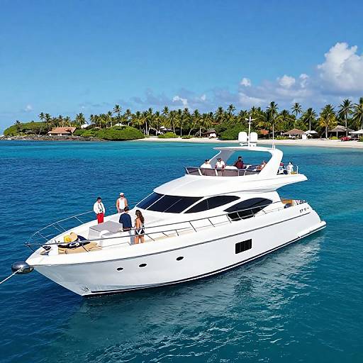 Photograph of a white luxury yacht with three people on deck, cruising turquoise waters near a tropical island with palm trees and small houses under a bright blue