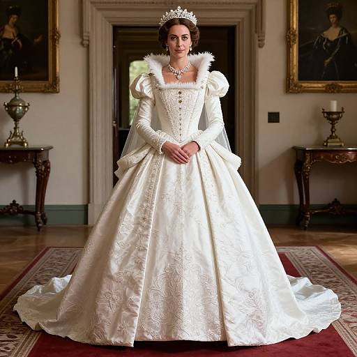 Photograph of a young woman in an ornate white, full-skirted wedding gown with puffed sleeves, a tiara, and necklace,