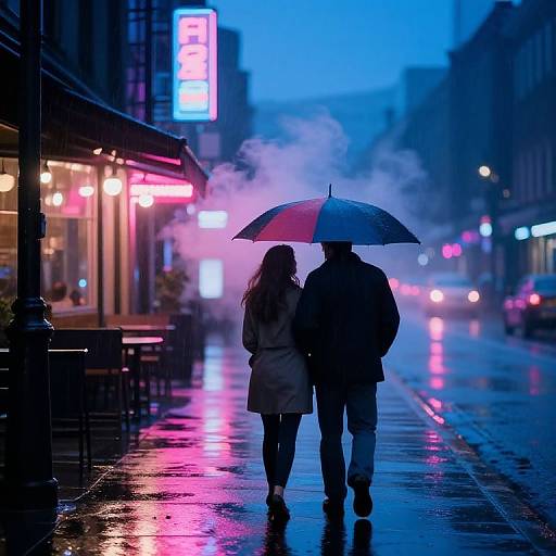 Photograph of a silhouetted couple holding a colorful umbrella, walking on a rain-soaked, neon-lit urban street at twilight.