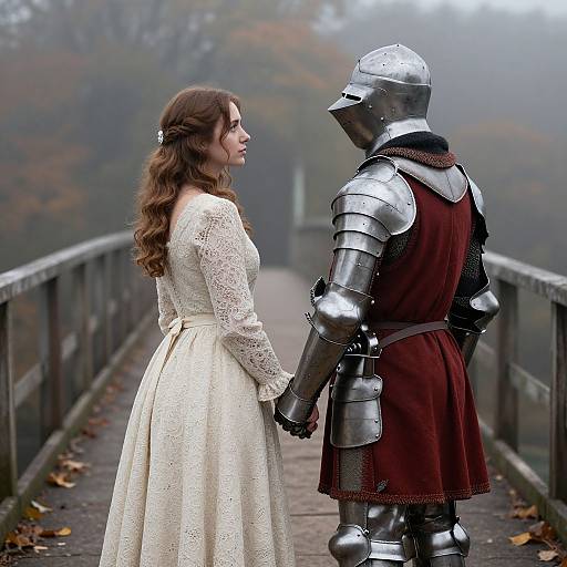 Photograph of a medieval-style scene: a woman in a white lace dress holds hands with a knight in silver armor on a foggy, leaf-st