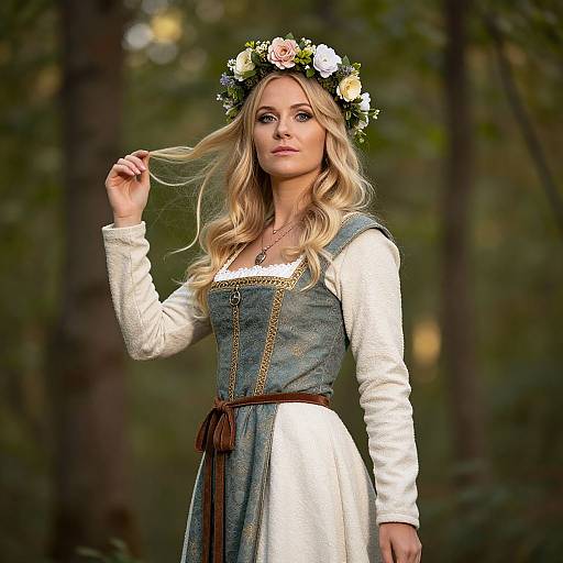 Photograph of a blonde woman with wavy hair, wearing a floral crown, medieval-style dress with white and blue fabric, standing in a forest.