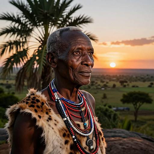 Photograph of an elderly African man with dark skin, wearing a leopard fur vest and multiple beaded necklaces, against a sunset savanna with palm