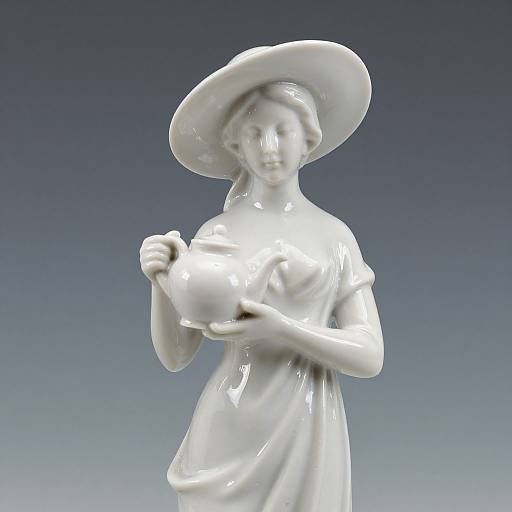 Photograph of a glossy white ceramic statue of a young woman with a wide-brimmed hat, holding a teapot against a gradient blue background.