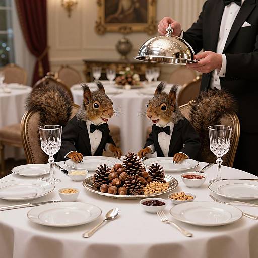 Photograph of two dressed-up squirrels at an elegant dinner table, wearing black tuxedos, with a waiter holding a silver dome.