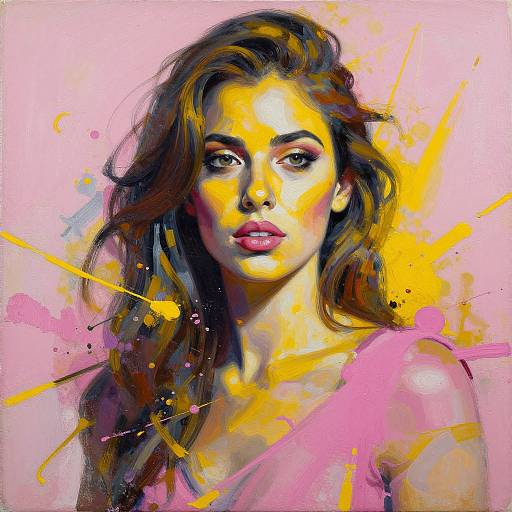 Digital painting of a beautiful woman with long brown hair, pink lips, and intense gaze, set against a vibrant pink and yellow splatter background.