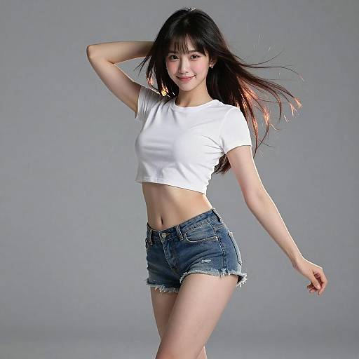 Young woman in micro shorts and cropped white blouse