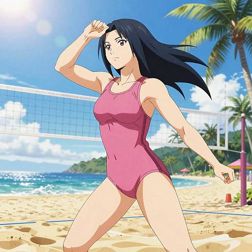 Anime-style drawing of a muscular, black-haired woman in a pink one-piece swimsuit, playing beach volleyball on a sunny, tropical beach.