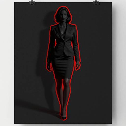 Photograph of a woman in a black suit and skirt, standing against a dark background, outlined in red light.