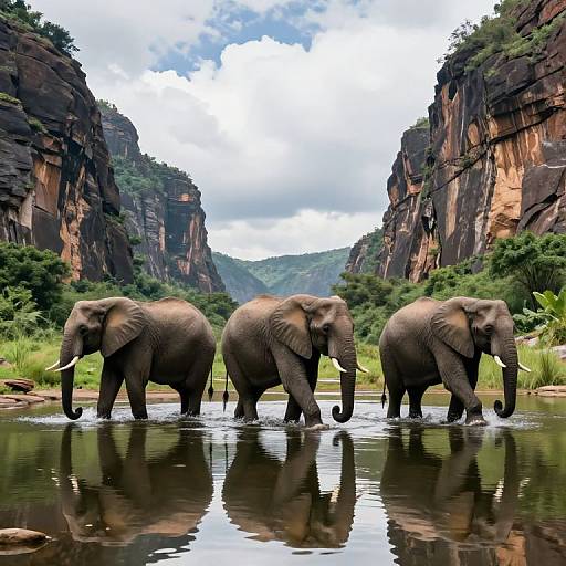 Photograph of three African elephants walking in a reflective river, surrounded by towering, rocky cliffs and lush greenery under a cloudy sky.