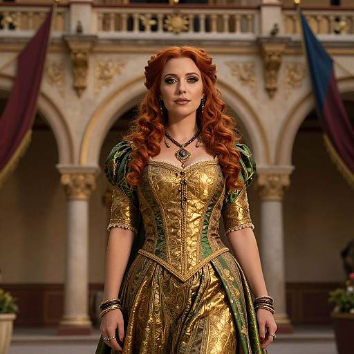 Digital artwork of a red-haired woman in a detailed gold and green medieval gown, standing in a grand, ornate courtyard.