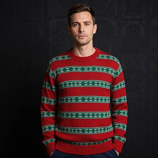 Photograph of a fair-skinned, dark-haired man with short hair, wearing a red and green Christmas sweater with white patterns, standing against a dark