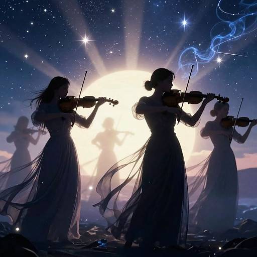 Silhouetted female violinists in flowing dresses against a starry night sky and bright sun, with blue cosmic trails. Digital art.