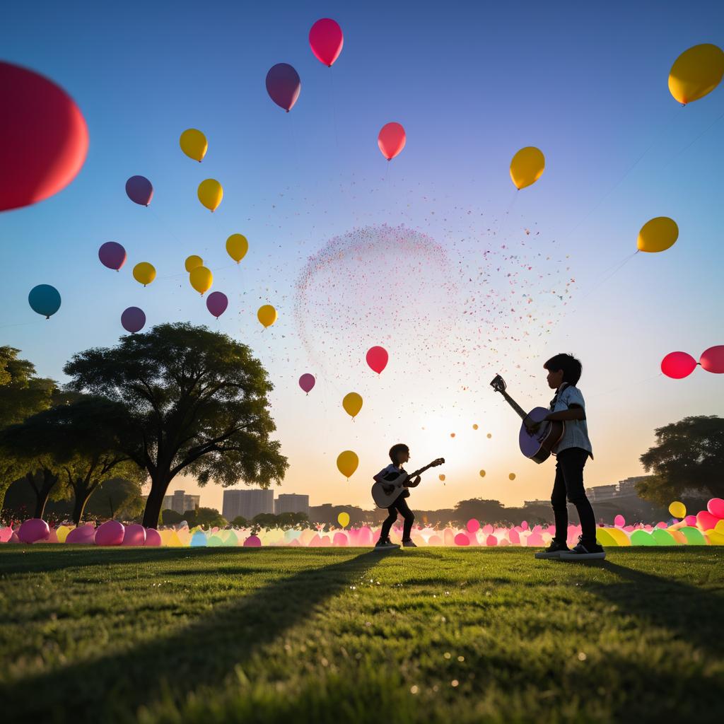 Young Guitarist in Balloon-Filled Park