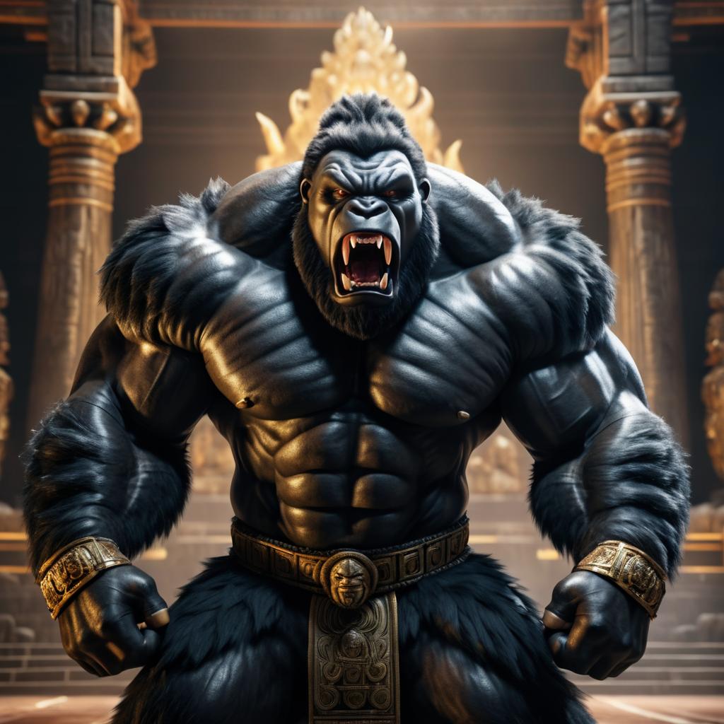 Majestic Gorilla Roaring in Ancient Temple