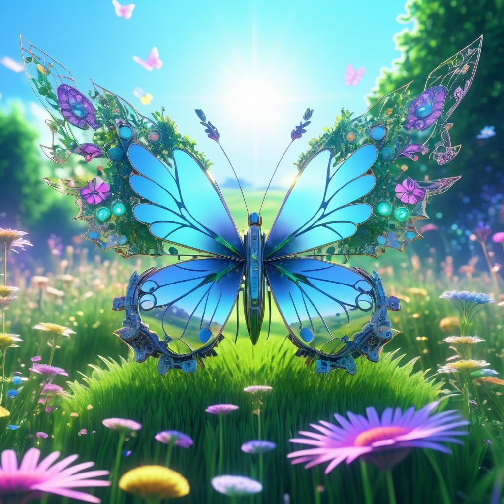 Hyper-Realistic Meadow with Mechanical Butterfly