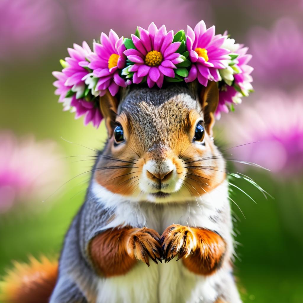 Squirrel with Flower Crown in Macro Shot