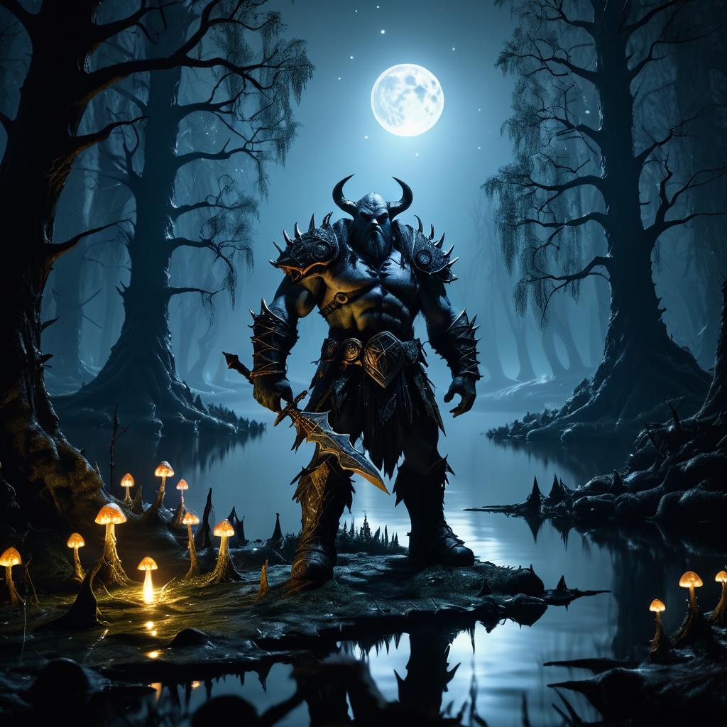 Orc by Moonlit Lakeside with Mushrooms