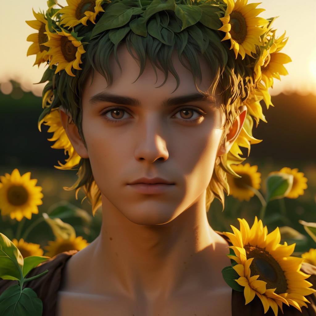 Serious Faun Portrait with Sunflowers