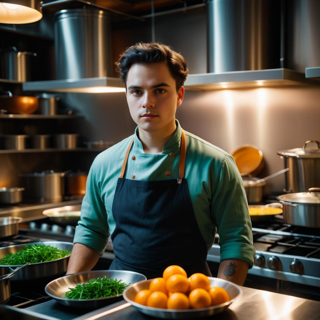 Bold Young Chef in Bustling Kitchen